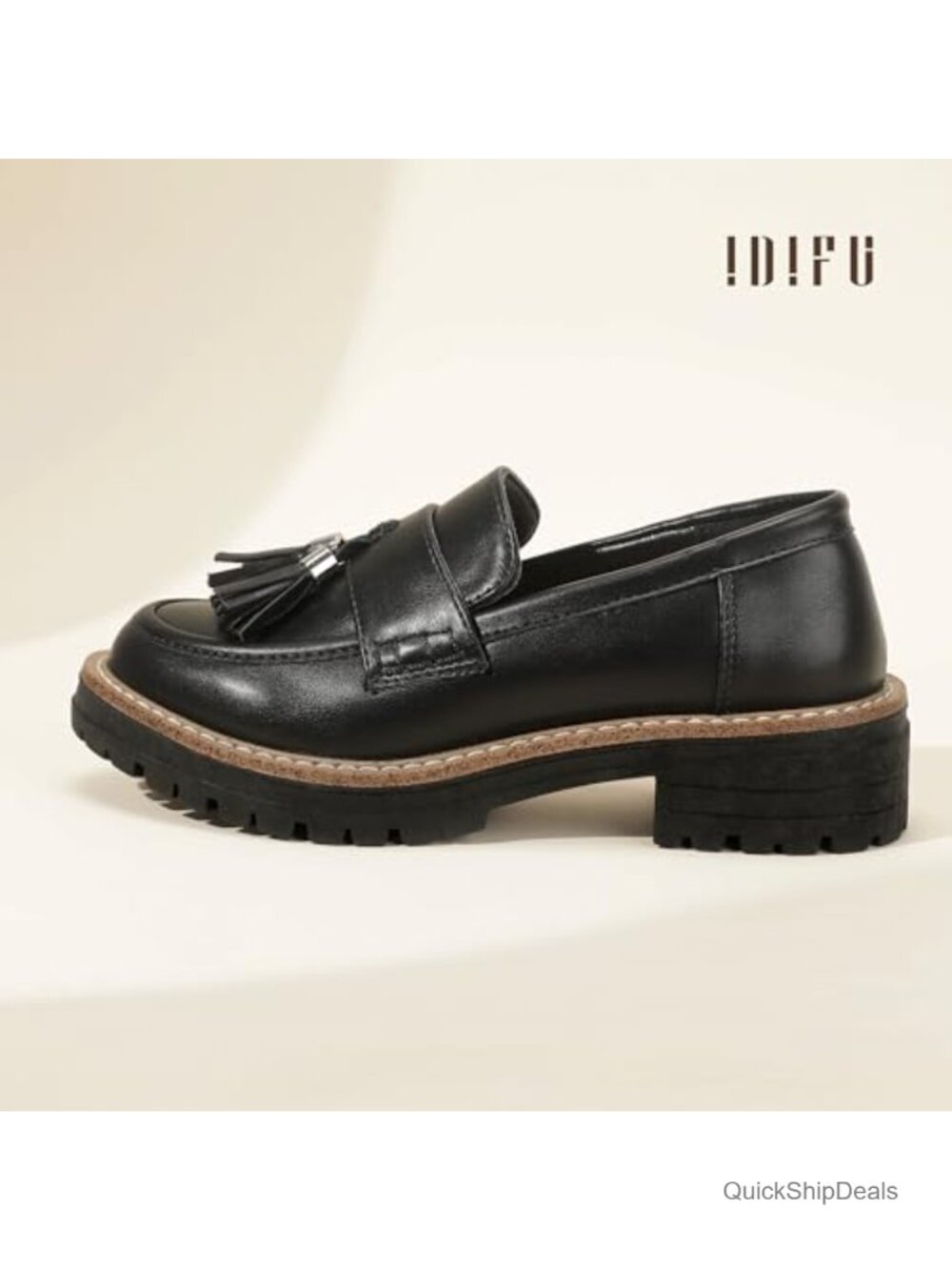 IDIFU Women's Chunky Platform Loafers Slip On Lug Sole Low Heel Tassel Dress - Picture 4 of 5